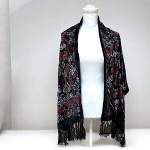 Vintage Y2K Black Velvet Burnout 100% Silk Red Silver Floral Fringe Wrap Scarf